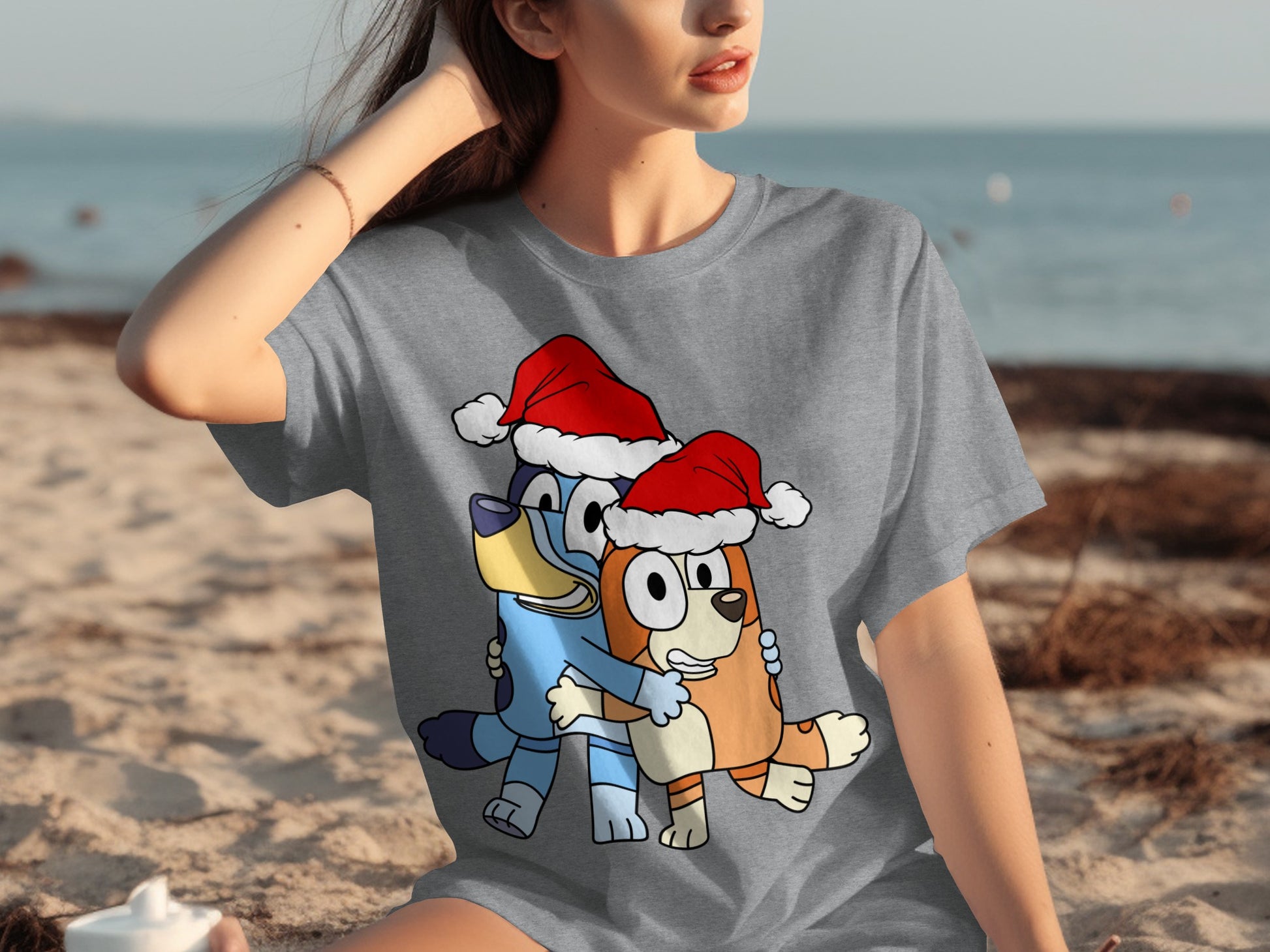Blue and Orange Cartoon Characters with Santa Hats Shirt