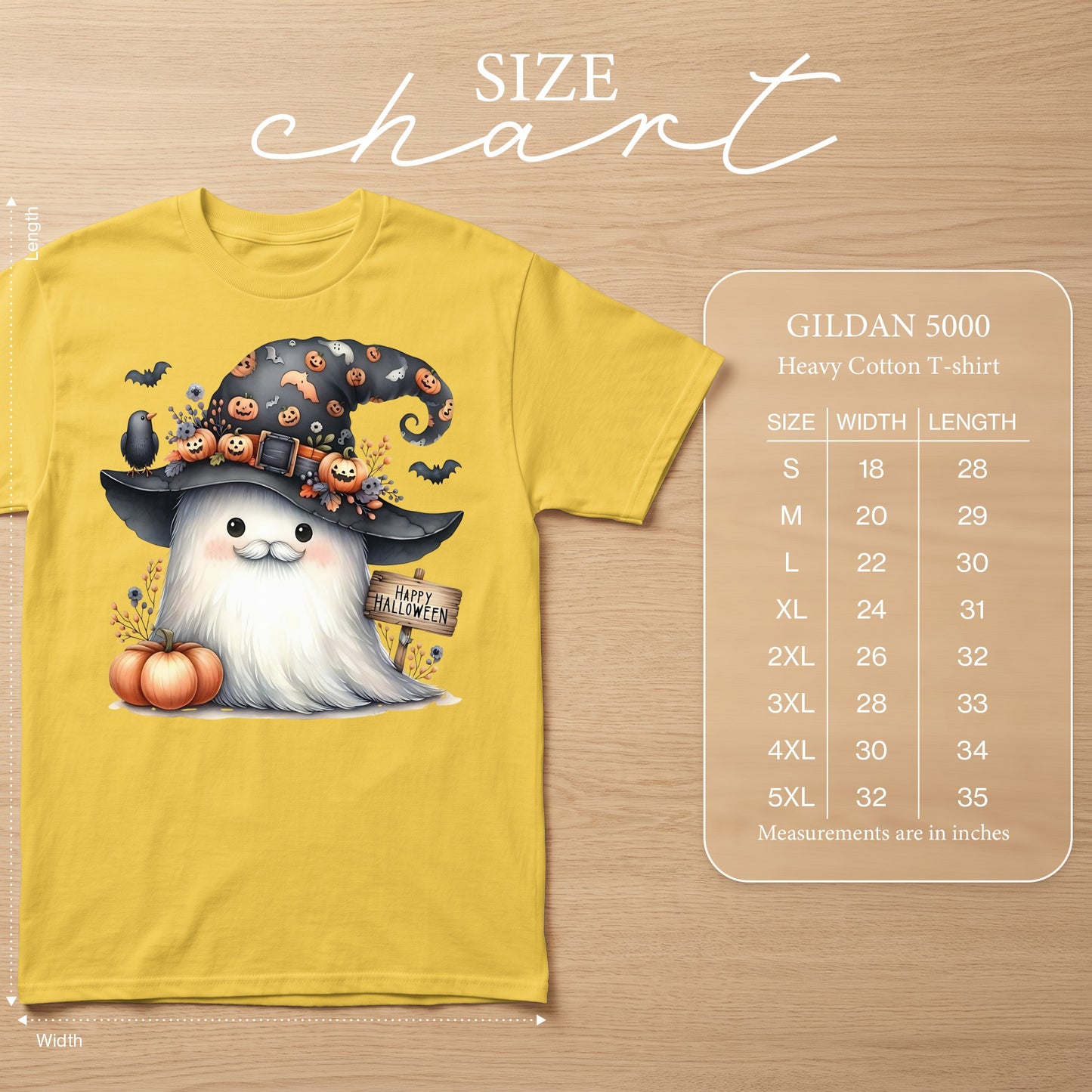 Yellow t-shirt with a cute ghost in a witch hat and "Happy Halloween" sign.