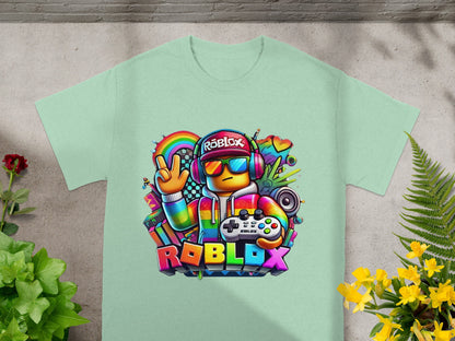 Roblox graphic t-shirt with colorful characters and rainbow.