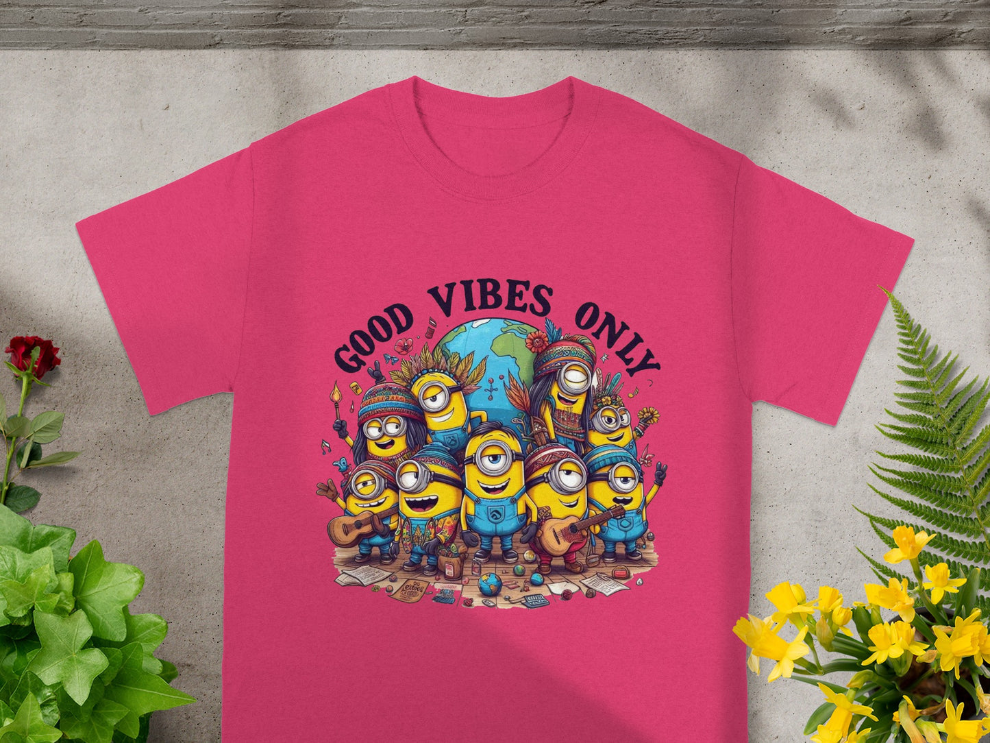 Minions wearing Native American headdresses surround a globe, with "GOOD VIBES ONLY" text.