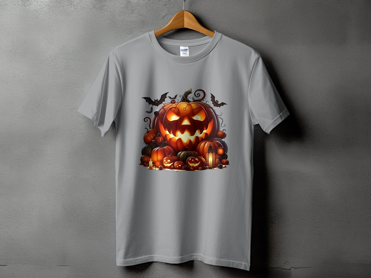 Gray t-shirt featuring a spooky Halloween pumpkin patch with bats and lanterns.