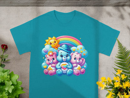 Three Care Bears with a sun and rainbow illustration on a teal t-shirt.