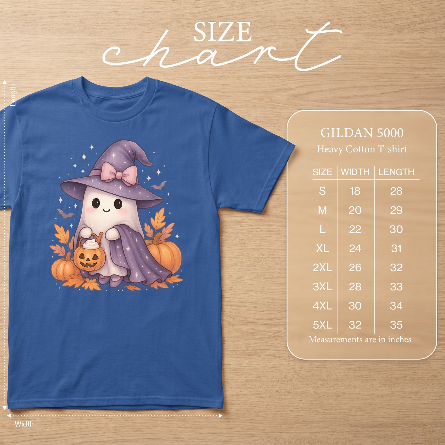 Blue Gildan 5000 T-shirt with cute ghost graphic and size chart.