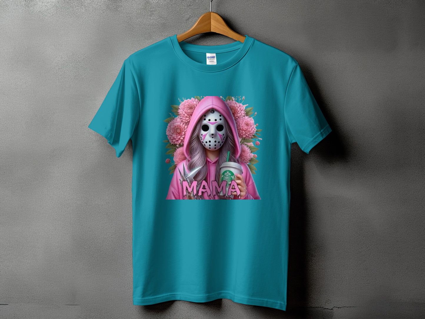 Teal t-shirt with "Mama" text and a masked figure holding a coffee cup.