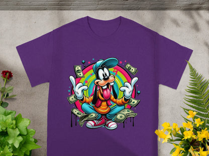 Purple t-shirt with Goofy in a meditation pose surrounded by money.