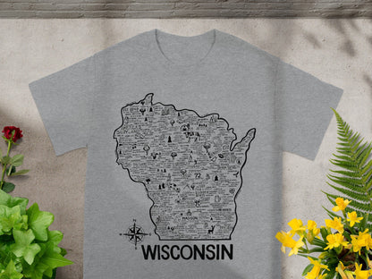 Detailed Wisconsin Map Graphic Grey T-shirt