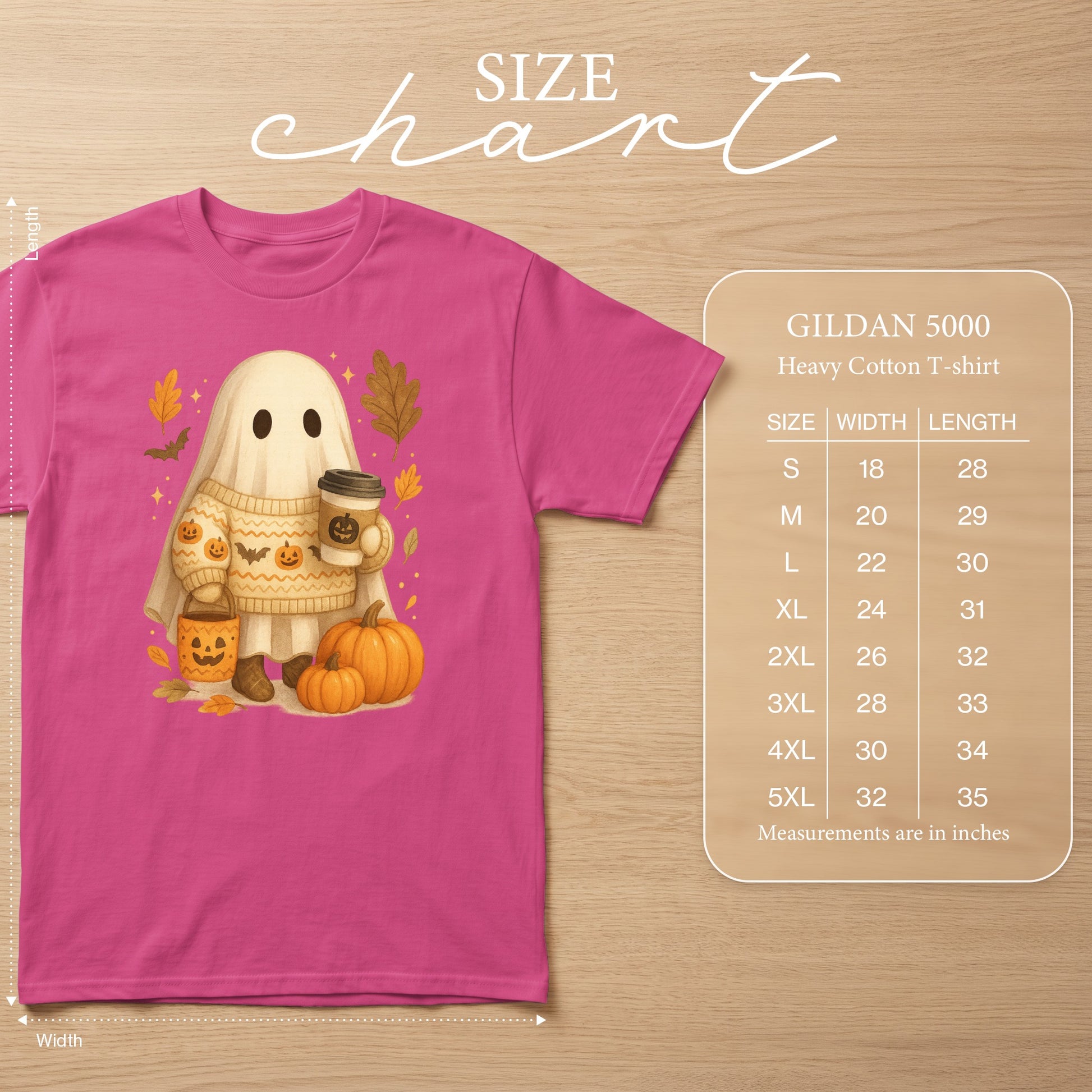 Gildan 5000 size chart with ghost graphic on pink t-shirt.
