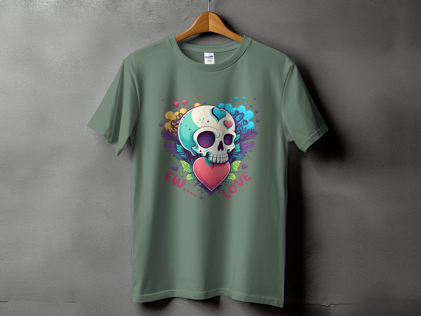 T-shirt with a skull, pink heart, and "Ew...Love" text.
