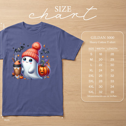 Gildan 5000 Heavy Cotton T-shirt size chart with ghost Halloween graphic.