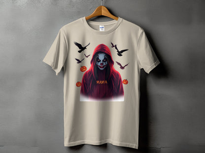 T-shirt with Halloween clown, birds, and pumpkins graphic.