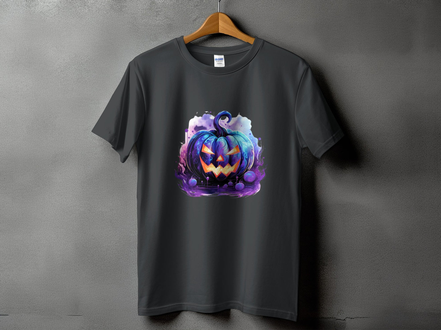 Dark grey t-shirt with a glowing, purple and blue Halloween pumpkin graphic.