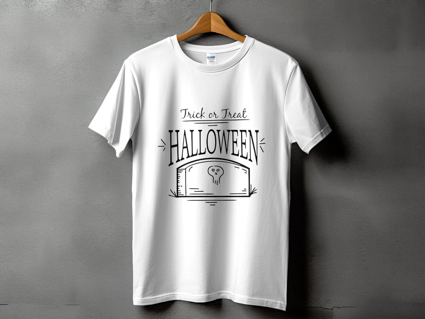 White t-shirt with "Trick or Treat HALLOWEEN" and a tombstone with skull graphic.