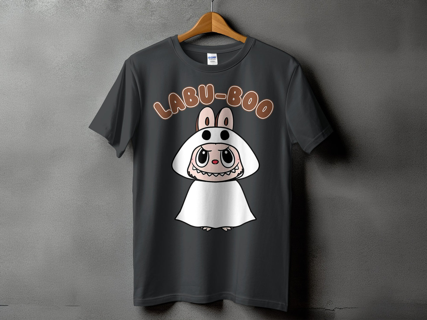 Dark grey t-shirt with "LABU-BOO" text and a cute ghost-like cartoon character.