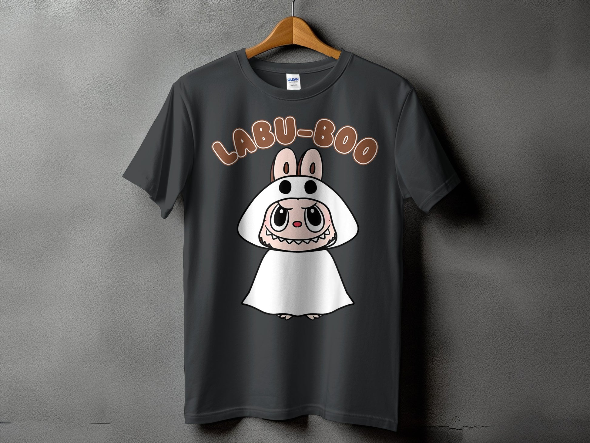 Dark grey t-shirt with "LABU-BOO" text and a cute ghost-like cartoon character.