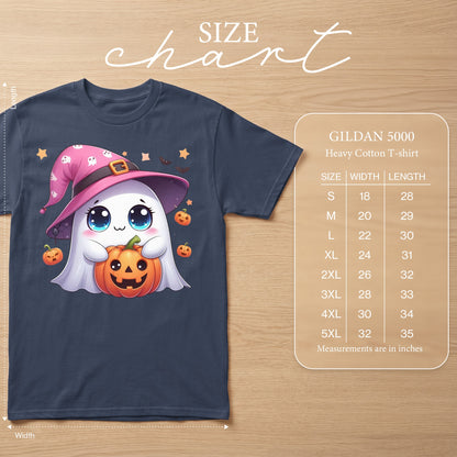 T-shirt size chart featuring a cartoon ghost holding a pumpkin.