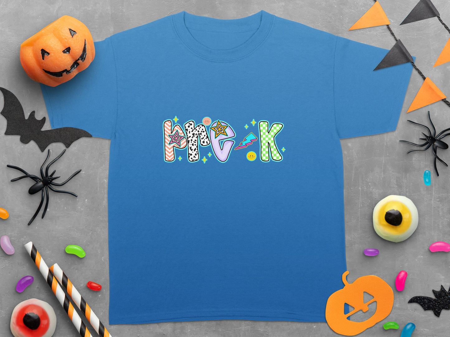 Blue t-shirt with "Pre-K" text in colorful, playful lettering.