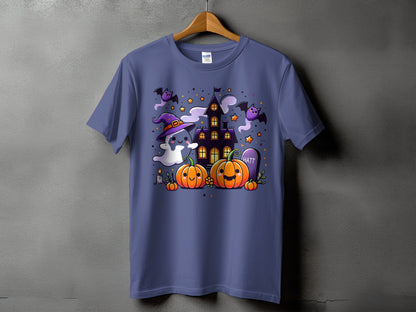 Purple t-shirt with a cute Halloween graphic featuring a ghost, pumpkins, bats, and haunted house.