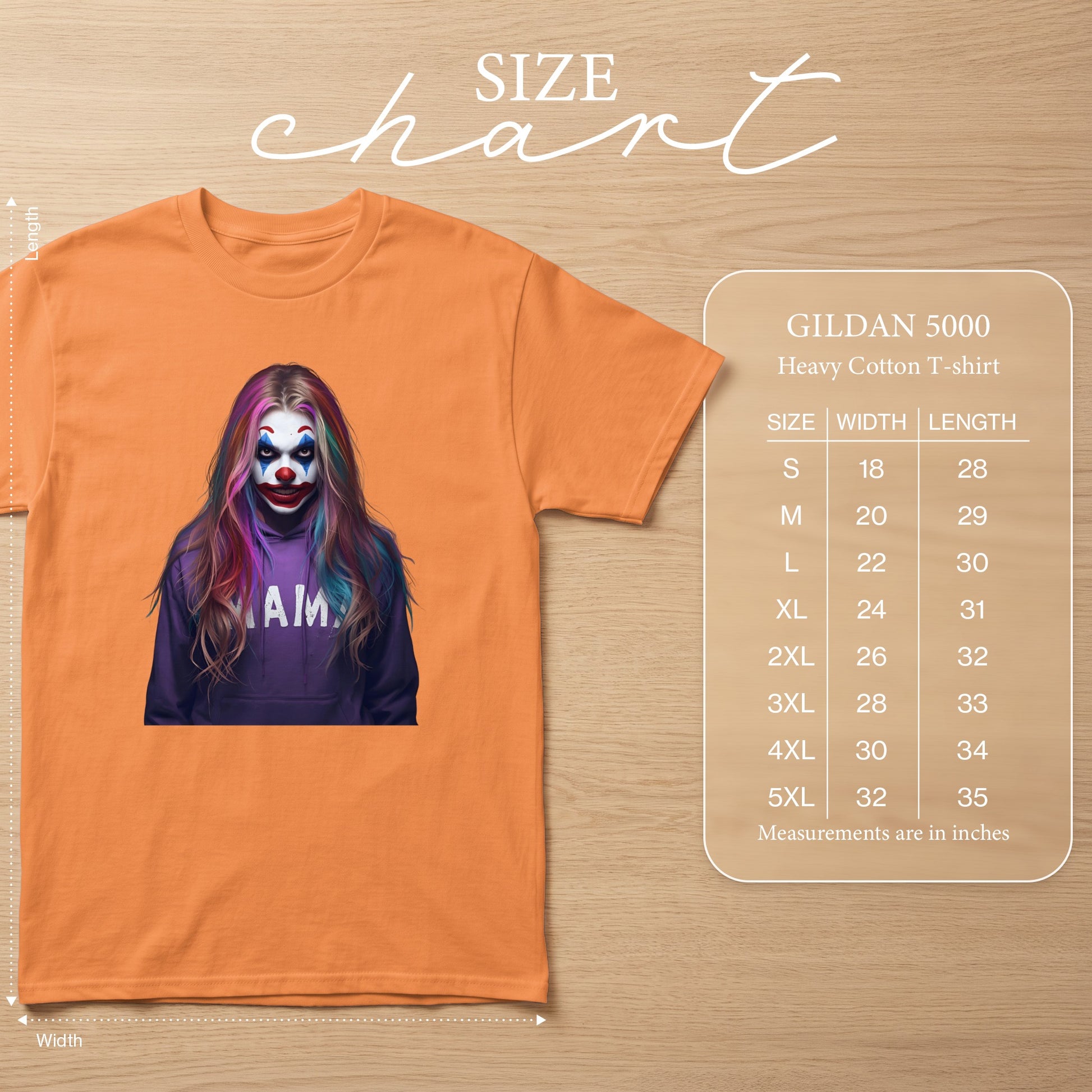 Orange Gildan 5000 t-shirt with clown graphic and size chart.
