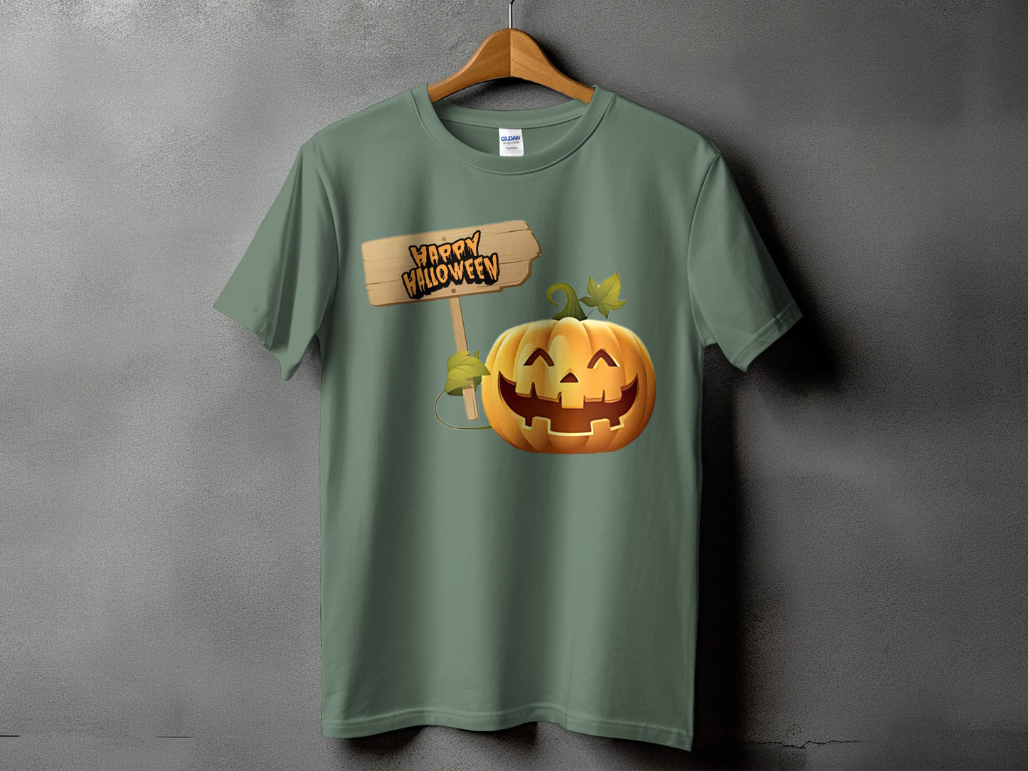 Green t-shirt with a carved Jack-o'-lantern and "Happy Halloween" sign graphic.