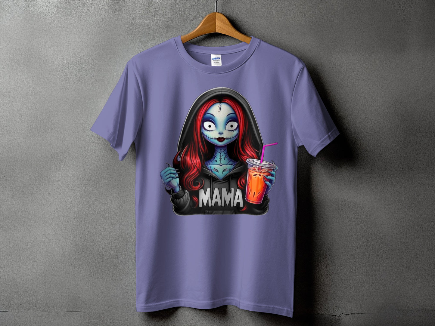 Purple t-shirt with a gothic-style cartoon woman holding a drink and the word "MAMA".
