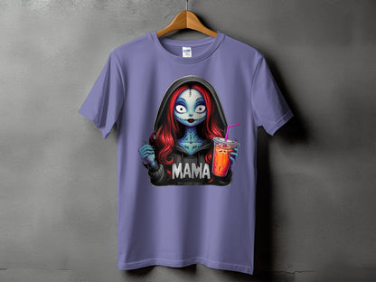 Purple t-shirt with a gothic-style cartoon woman holding a drink and the word "MAMA".