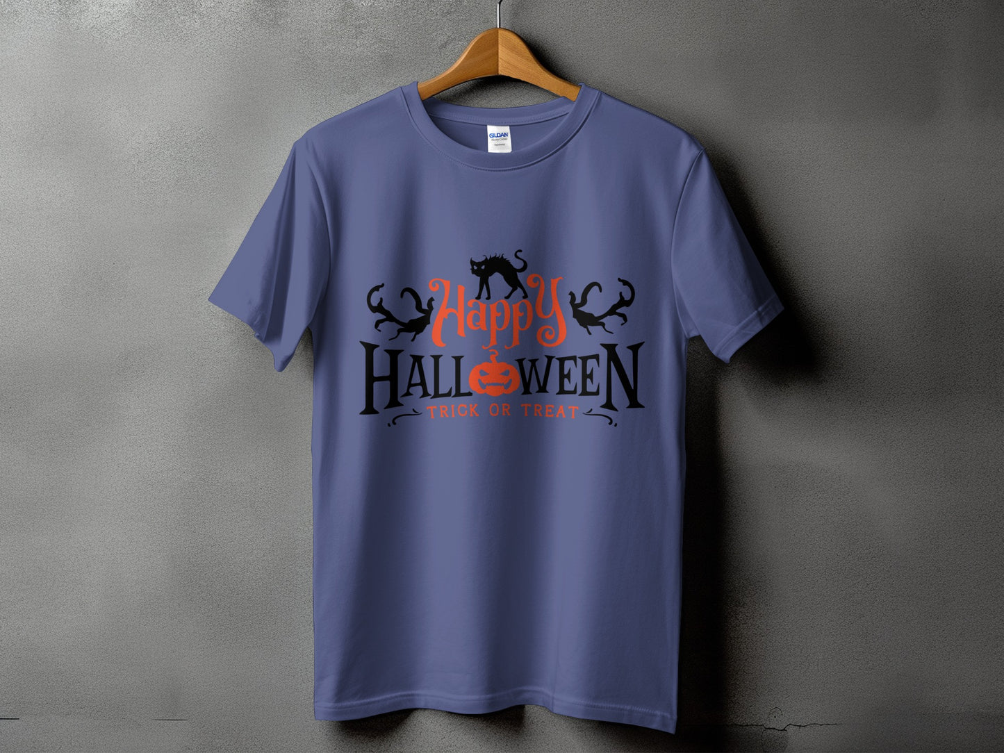 Purple t-shirt with "Happy Halloween Trick or Treat" and cat graphics.
