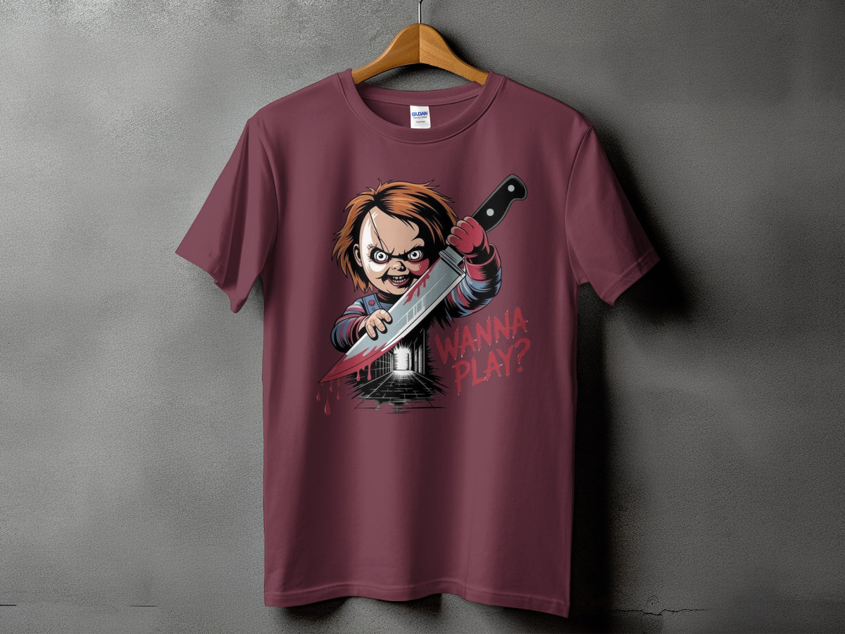 Burgundy t-shirt with Chucky holding a bloody knife and the text "Wanna Play?".
