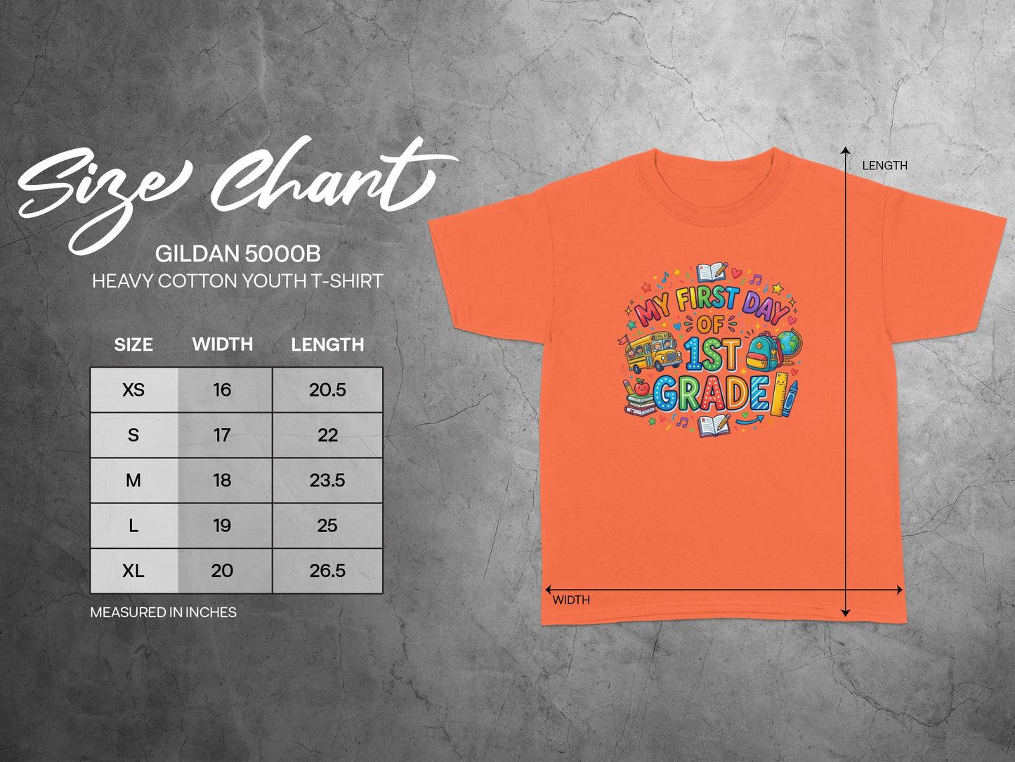 Gildan 5000B Youth T-Shirt Size Chart with width and length measurements in inches.