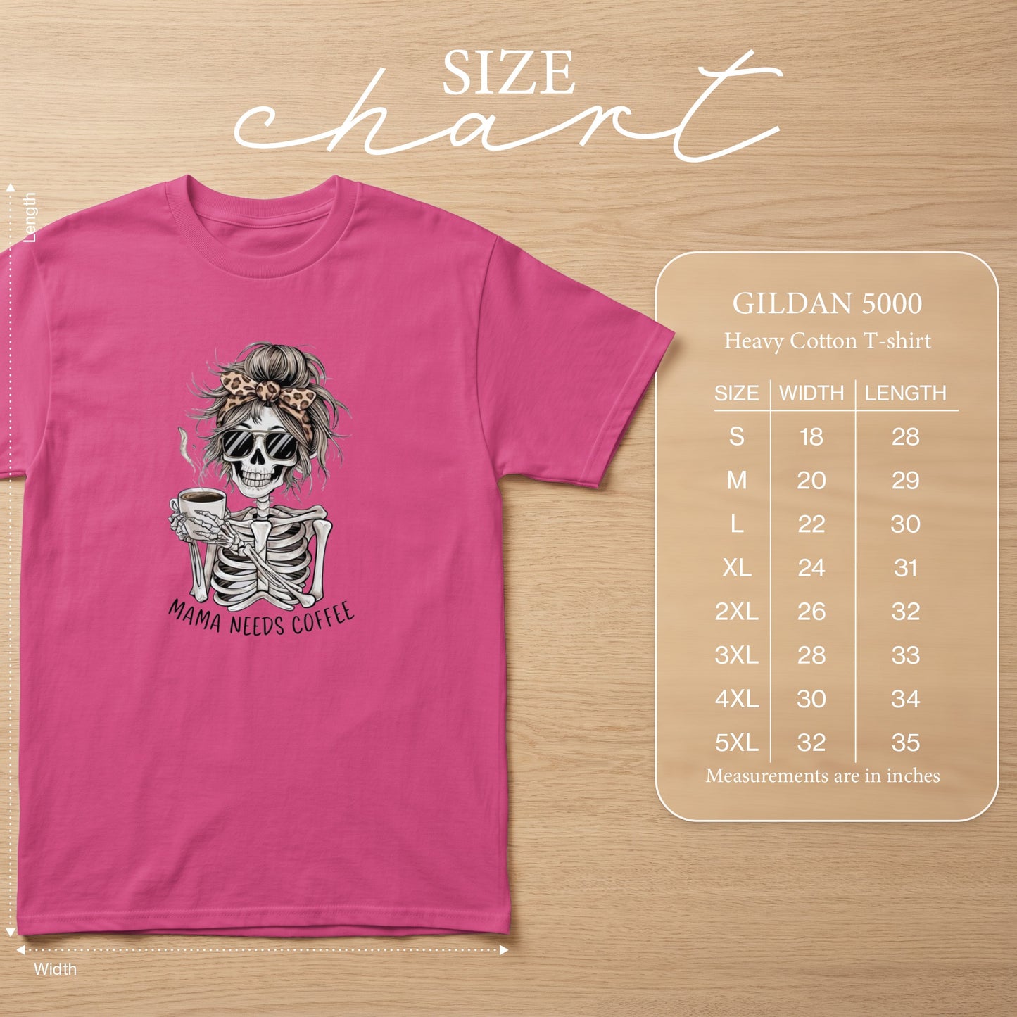 Pink t-shirt with skeleton graphic and size chart for Gildan 5000 Heavy Cotton.