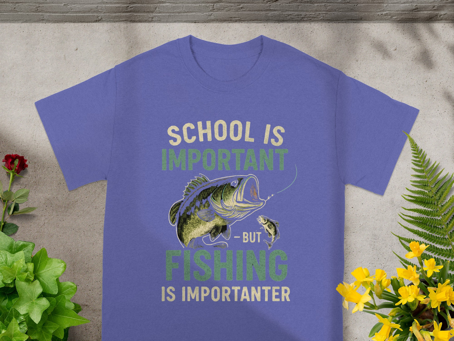Purple t-shirt with "School is Important but Fishing is Importanter" text and fishing graphic.