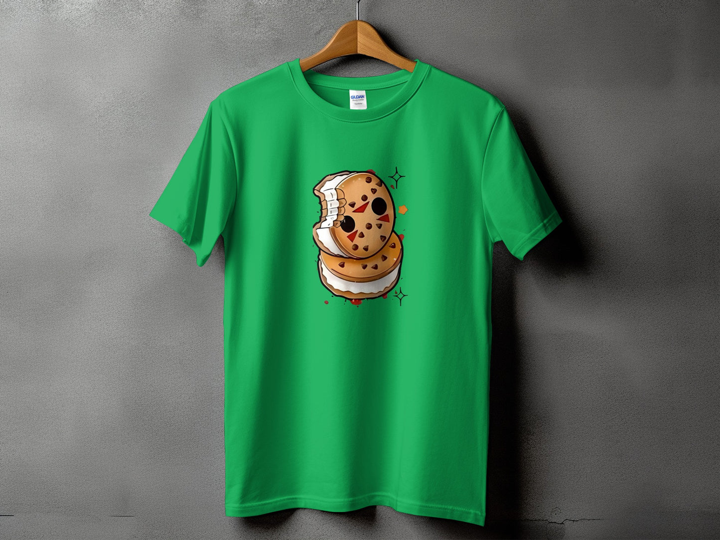 Green t-shirt with a cartoon ice cream sandwich graphic on the front.