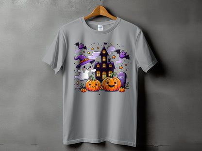 Gray t-shirt with Halloween-themed graphic of ghost, pumpkins, bats, haunted house, and tombstone.