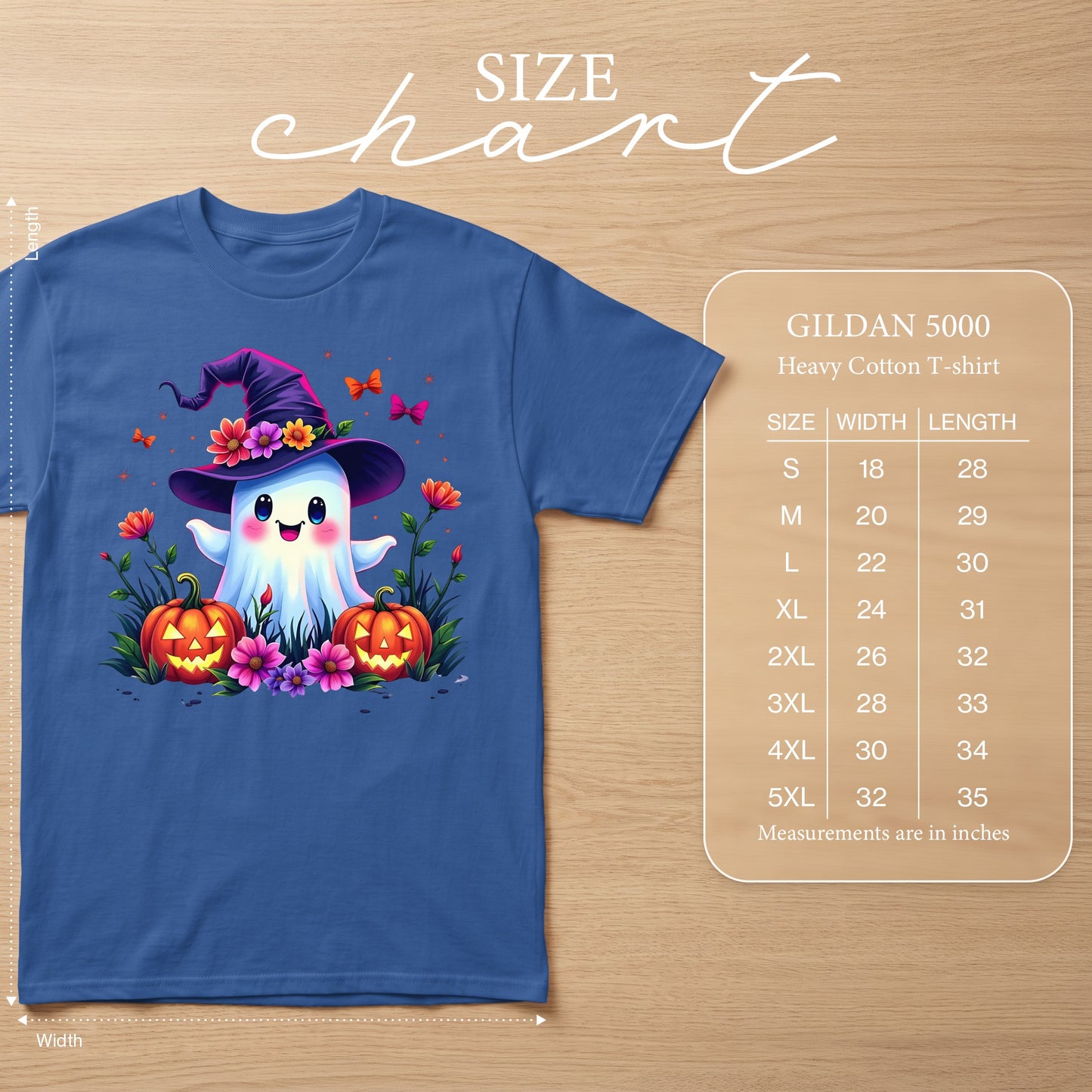 Halloween ghost with witch hat, pumpkins, and flowers on a blue t-shirt size chart.