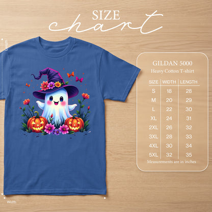 Halloween ghost with witch hat, pumpkins, and flowers on a blue t-shirt size chart.
