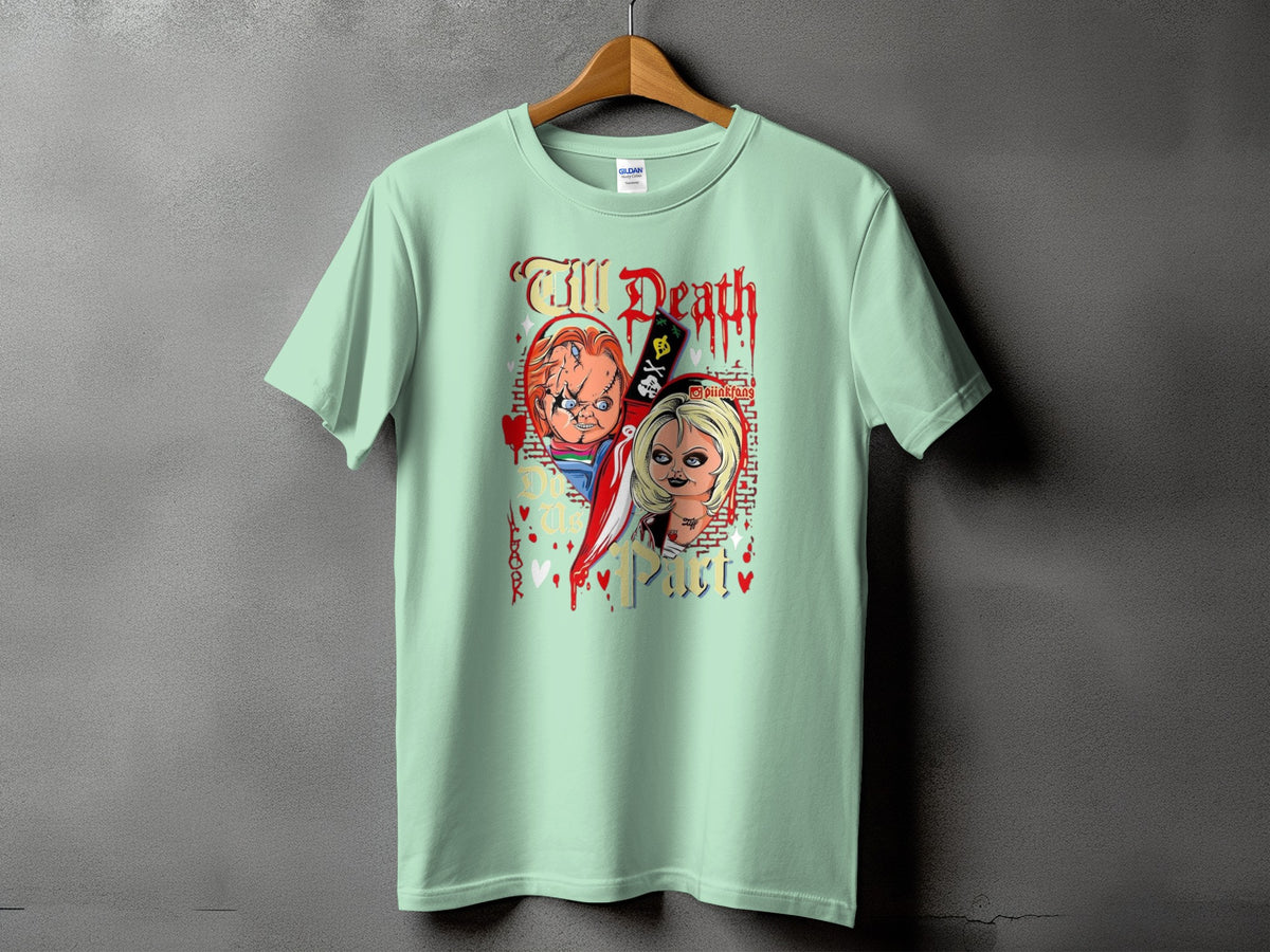 Light mint t-shirt with Chucky and Tiffany dolls and "Till Death Do Us Part" text.