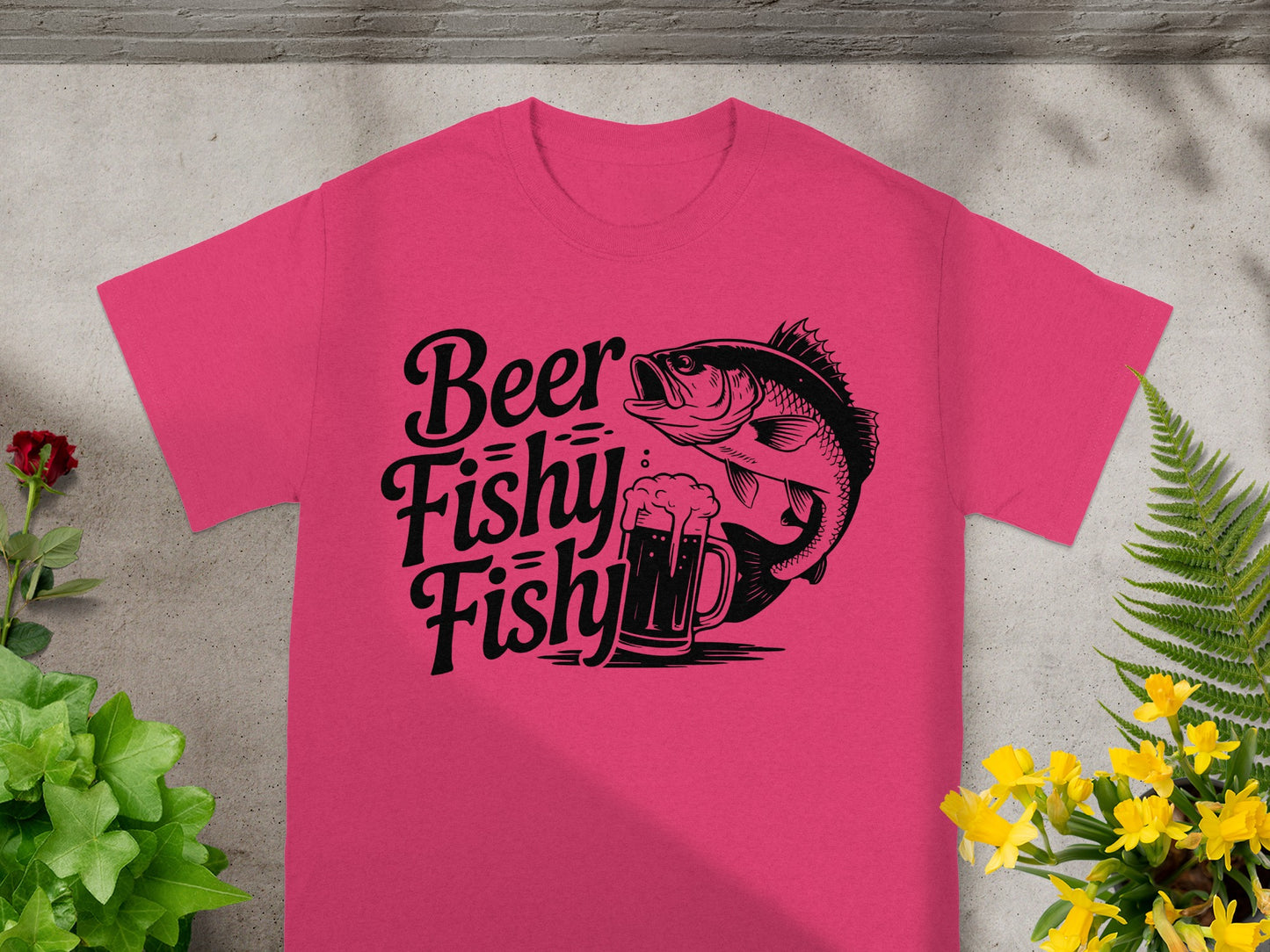 Pink t-shirt with black text "Beer Fishy Fishy" and a fish and beer mug graphic.