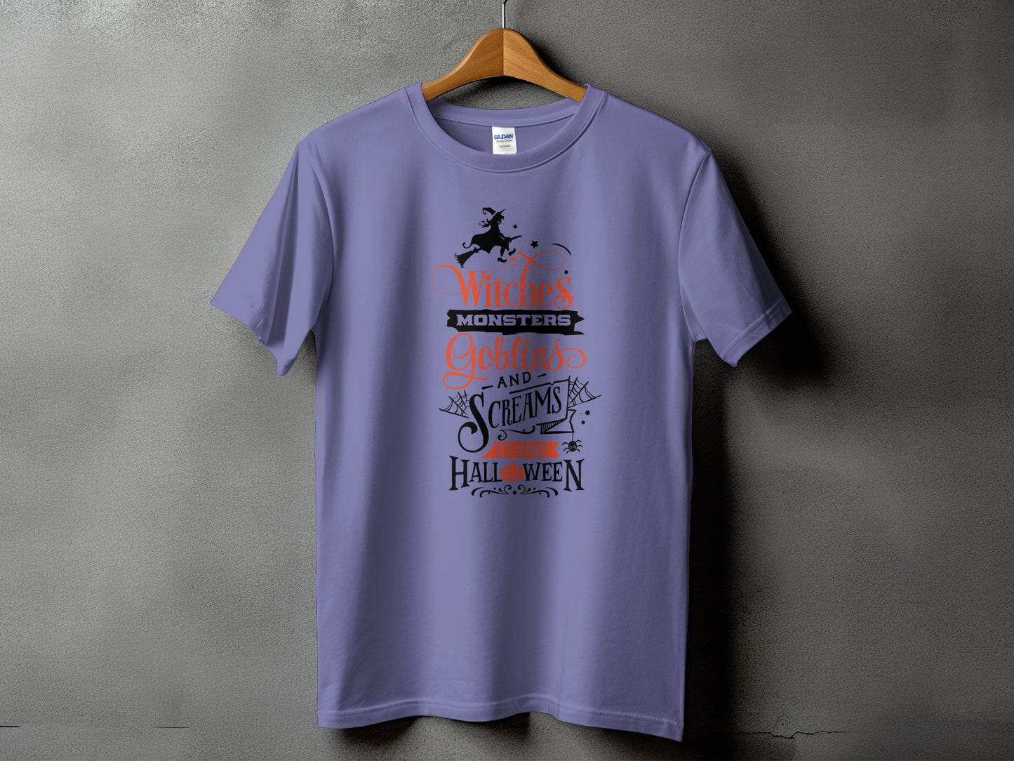 Purple t-shirt with "Witches, Monsters, Goblins, and Screams for Halloween" text and graphics.