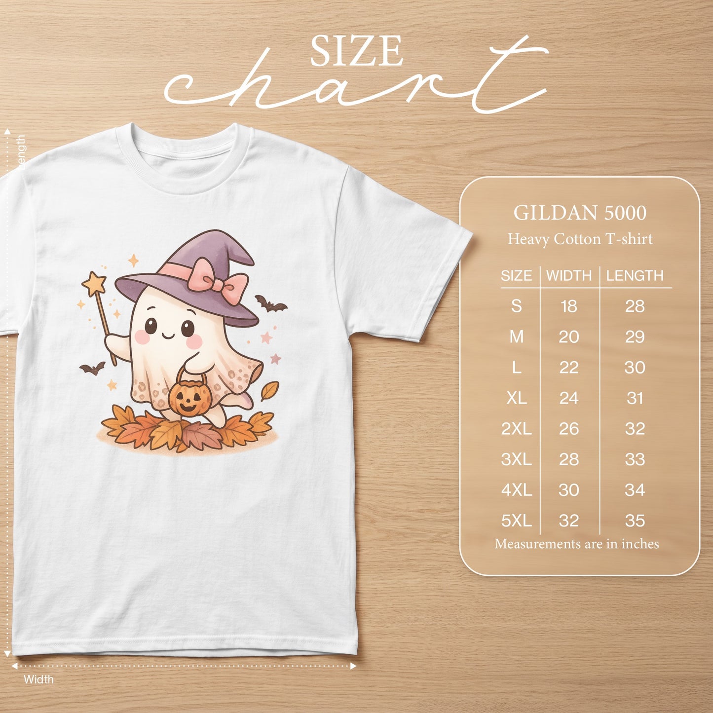 Gildan 5000 heavy cotton t-shirt size chart with cute ghost graphic.