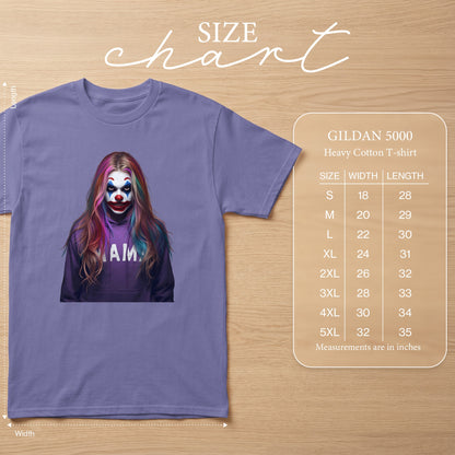 Gildan 5000 Heavy Cotton T-shirt with clown graphic and size chart.