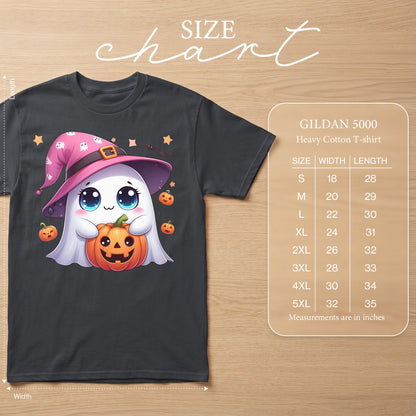 Dark grey t-shirt with cute ghost character holding pumpkin and size chart.
