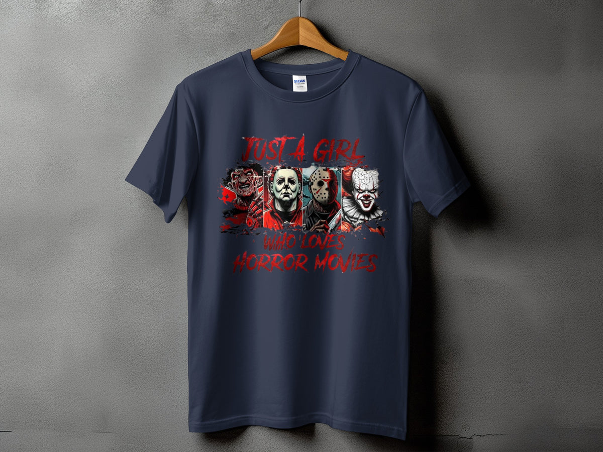 Dark blue t-shirt with horror movie villains and "Just a Girl Who Loves Horror Movies" text.