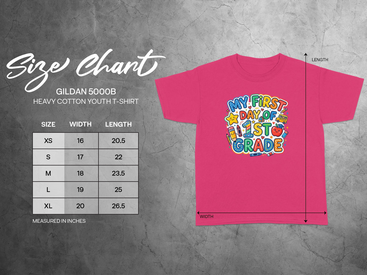 Gildan 5000B youth t-shirt size chart showing width and length measurements in inches.