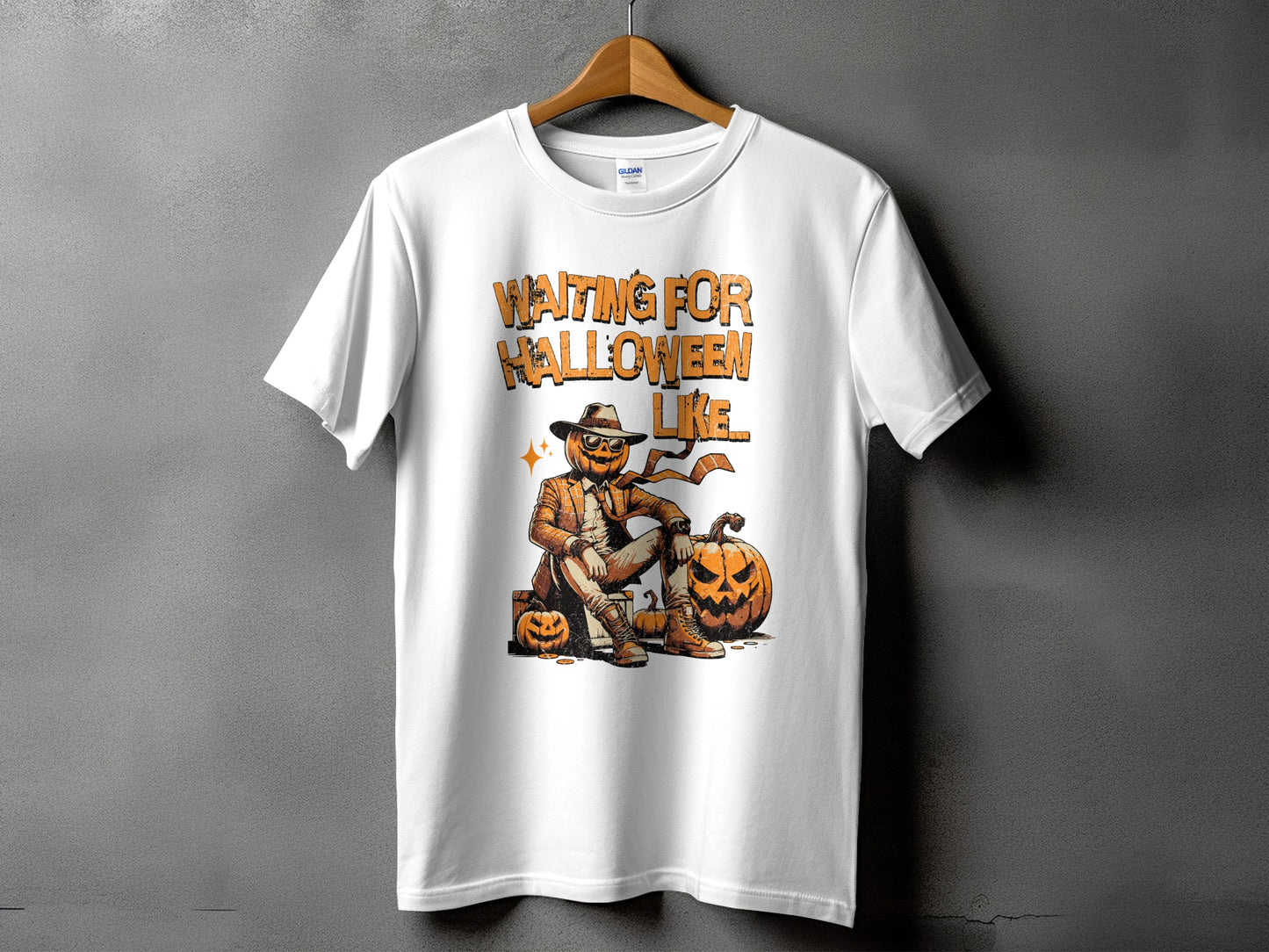 White t-shirt with "Waiting for Halloween Like" and pumpkin graphic.