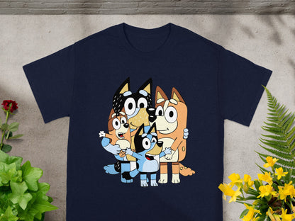 Bluey, Bingo, Bandit, and Chilli Heeler family in cartoon style on a navy t-shirt.