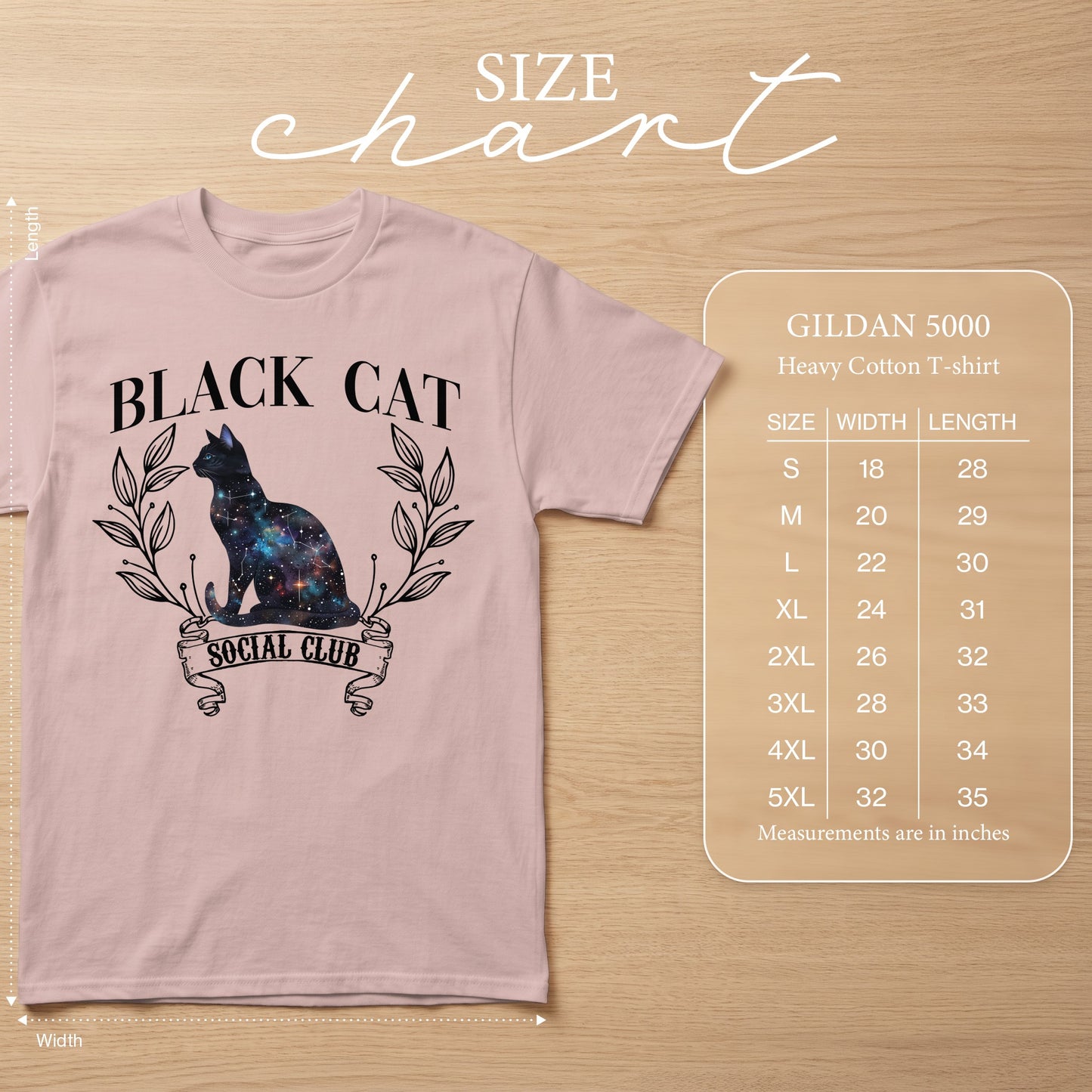 Pink Gildan 5000 heavy cotton t-shirt with galaxy cat graphic and size chart.