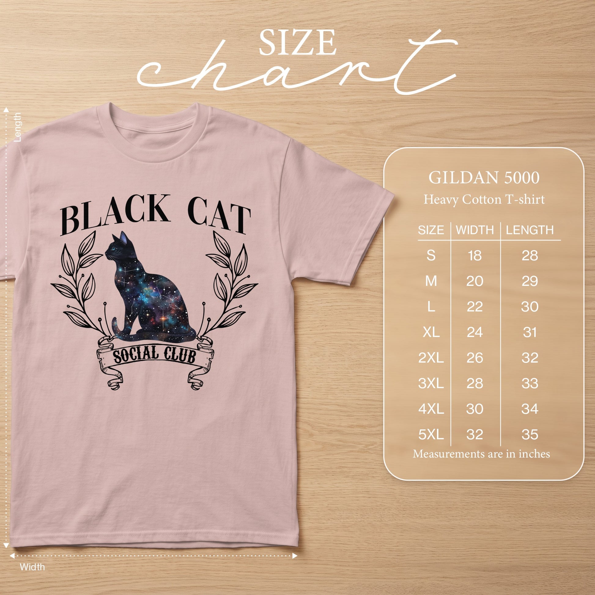 Pink Gildan 5000 heavy cotton t-shirt with galaxy cat graphic and size chart.