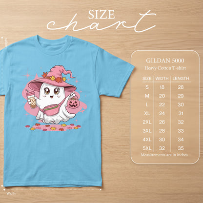 Light blue t-shirt with cartoon ghost wearing witch hat and holding pumpkin and drink. Size chart included.