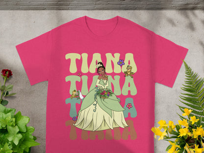 Princess Tiana in a green gown with flowers and Naveen as a frog.