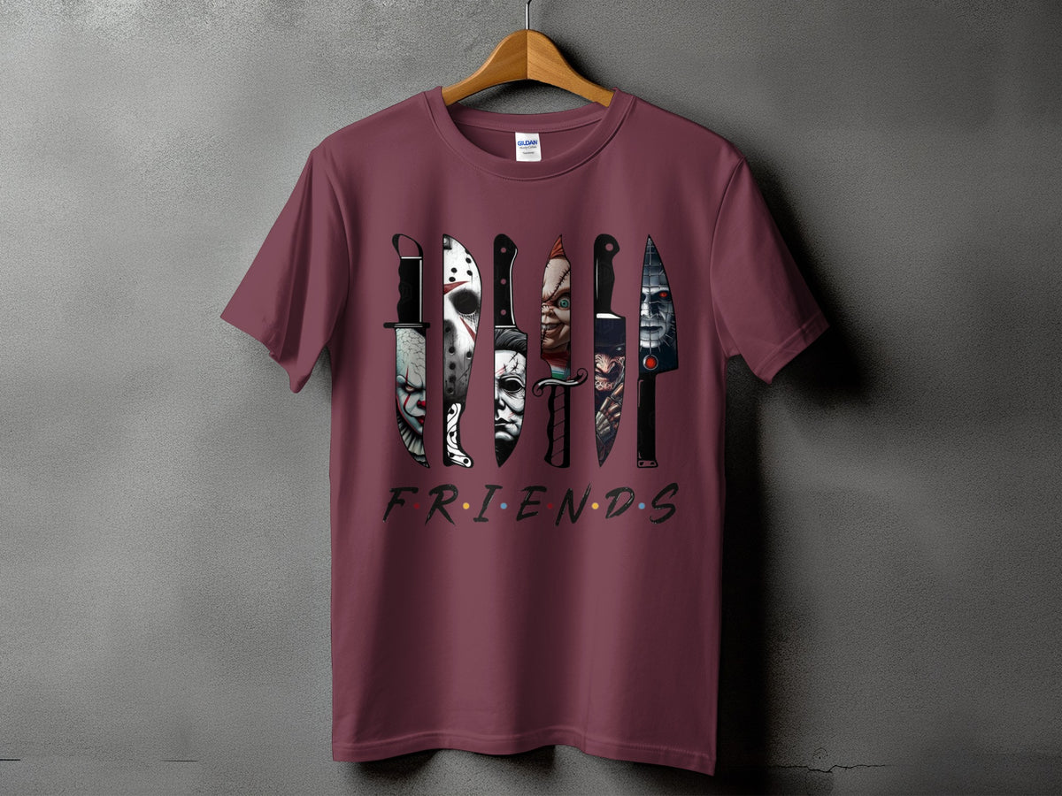 Maroon t-shirt with horror movie villain knives above "FRIENDS" logo.