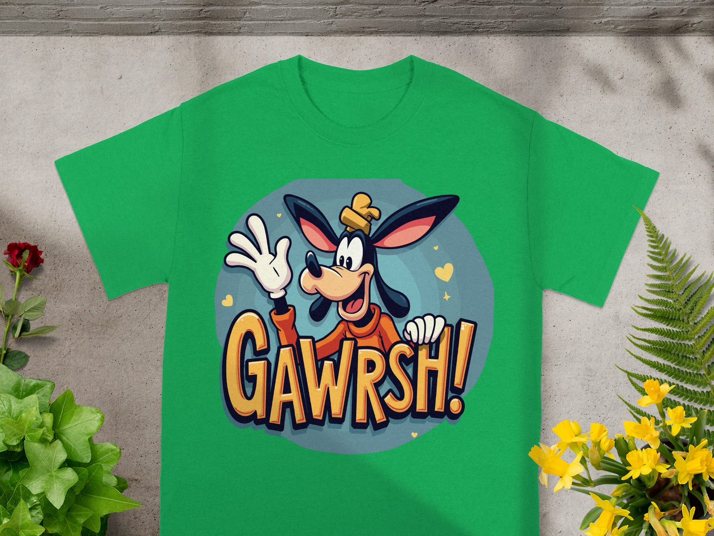 Green t-shirt with Goofy cartoon character and "GAWRSH!" text.